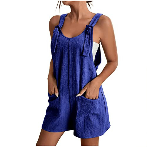 Piuwrlz Womens Romper Plus Size Summer Casual Rompers Sleeveless Suspender Short Jumpsuits Bib Overalls Romper with Pockets Blue M | Amazon (US)