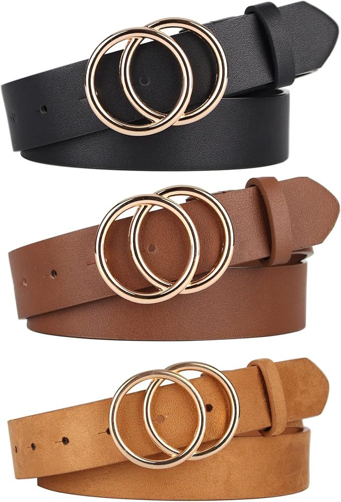 UnFader Pack 2 Women Belts for Jeans with Fashion Double O-Ring Buckle and Faux Leather | Amazon (US)