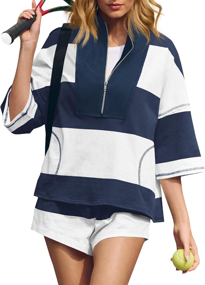 Fisoew Womens 2 Piece Outfits Summer Striped Sweatshirt Workout Shorts Sets Matching Lounge Set T... | Amazon (US)