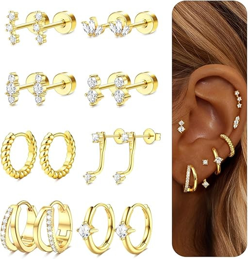 Dochais Hypoallergenic Flatback Stud Hoop 14K Gold Plated Earrings Stacks - Surgical Stainless St... | Amazon (US)