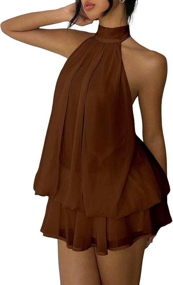 Women's Chiffon Halter Drop Waist Mini Dress Wedding Guest Dresses Ruffle Formal Holiday Club Bru... | Amazon (US)