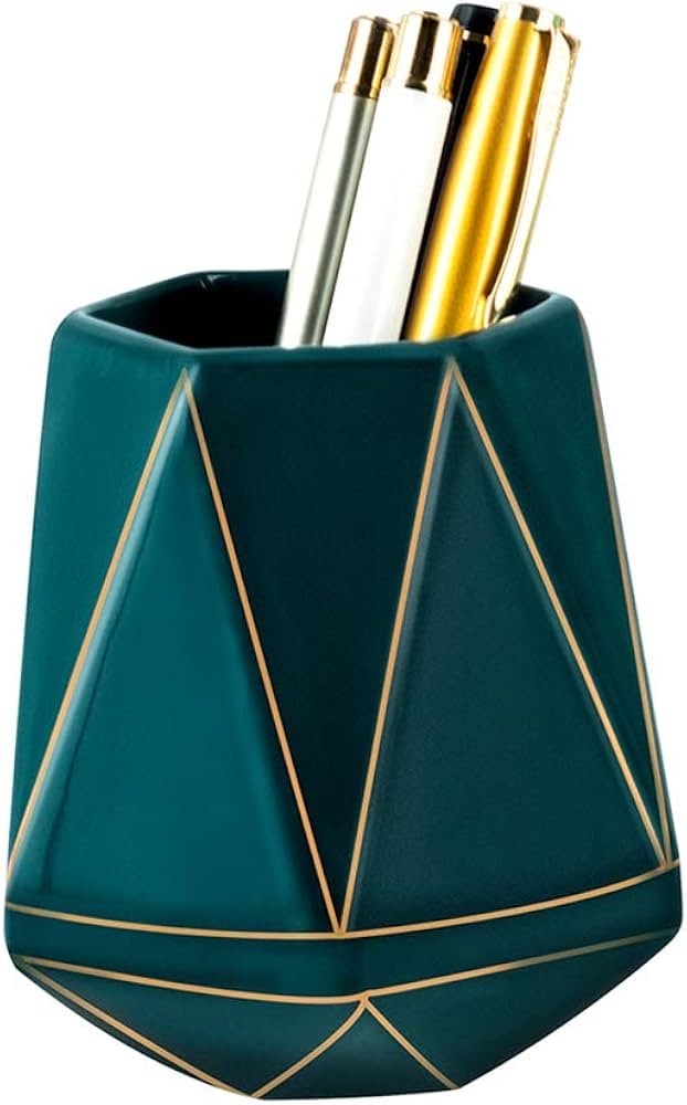 Ceramic Desk Cute Pen Holder Stand Gold Line Pencil Cup Pot Desk Organizer Makeup Brush Holder(Da... | Amazon (US)