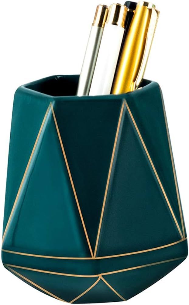 YOSCO Ceramic Desk Cute Pen Holder Stand Gold Line Pencil Cup Pot Desk Organizer Makeup Brush Hol... | Amazon (US)
