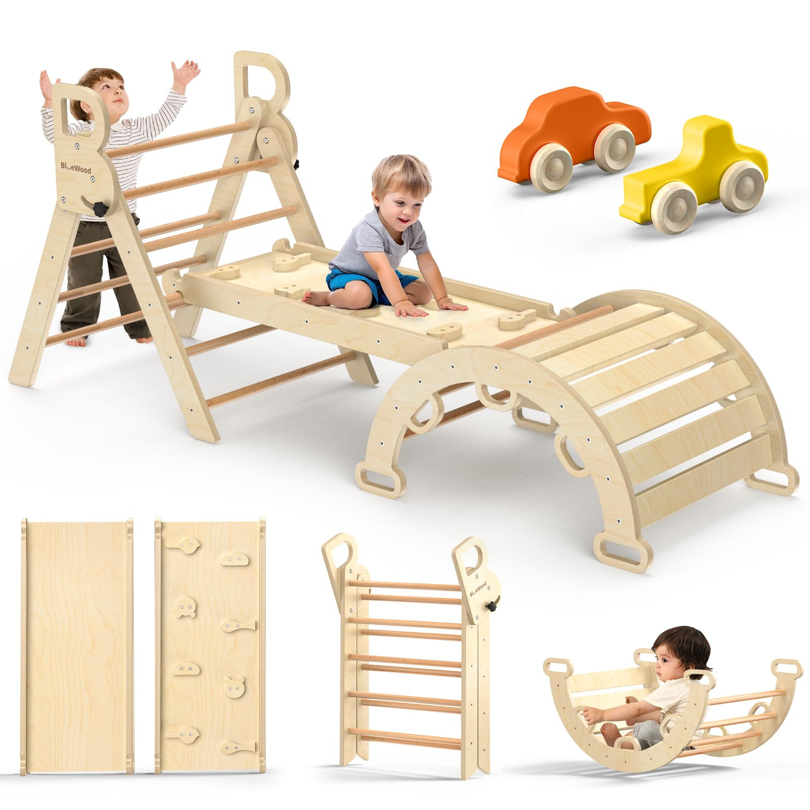 BlueWood Pikler Triangle Set 7-in-1 Foldable Baby Climbing Wooden Toys with Arch&Ramp&Ladder Clim... | Amazon (US)