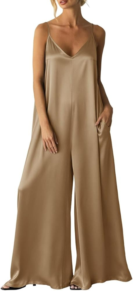 Womens Satin Wide Leg Jumpsuits Dressy Flowy Date Night Rompers Outfits | Amazon (US)