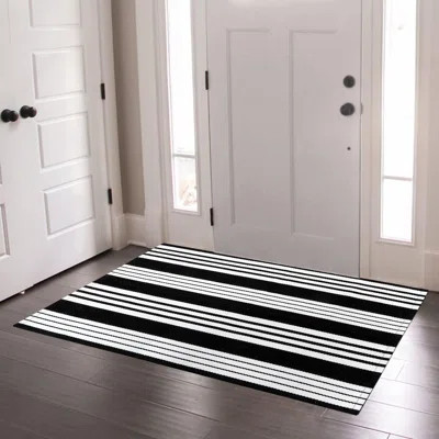 Black And White Outdoor Rug 3 X 5 Ft Cotton Hand-Woven Striped Porch Rug Machine Washable Entry Rug | Wayfair North America
