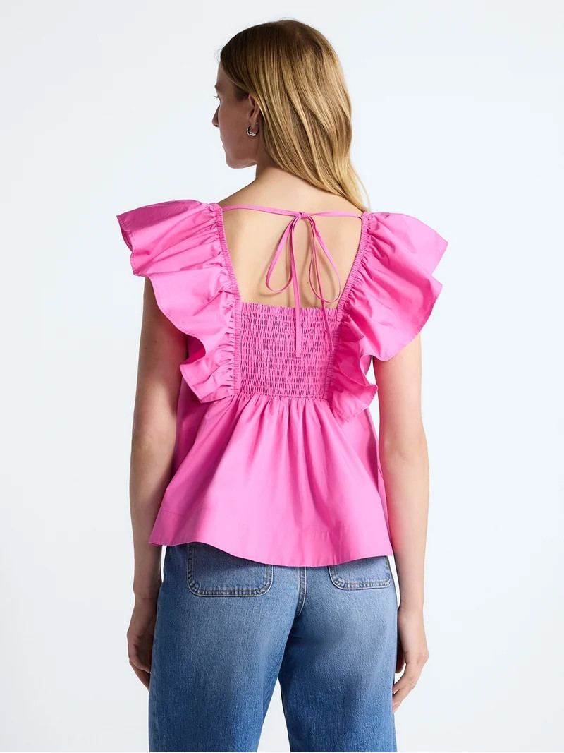 Free Assembly Women's Square Neck Cotton Top with Flutter Sleeves, Sizes XS-XXL | Walmart (US)