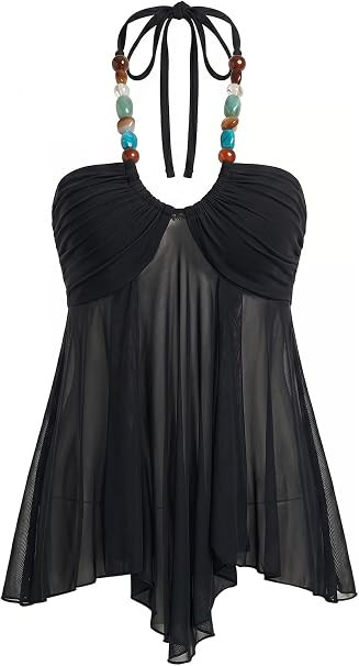 OYOANGLE Women's Boho Tops Chic Beaded Halter Top Y2K Flowy Mesh Tank Tops | Asymmetrical Going O... | Amazon (US)