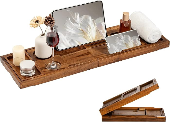 Teak Bathtub Tray for Tub, Expandable Bath Tray 28\u201340in, Foldable Bathtub Caddy with Wine Gl... | Amazon (US)