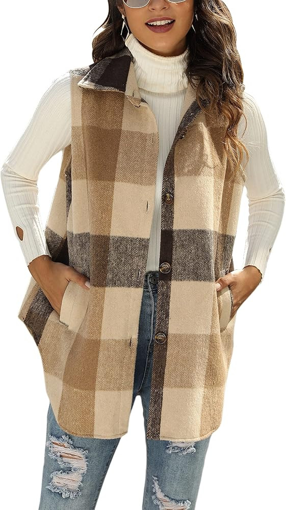 UANEO Womens Fall Flannel Plaid Vest Button Down Sleeveless Shirt Jacket With Pockets | Amazon (US)