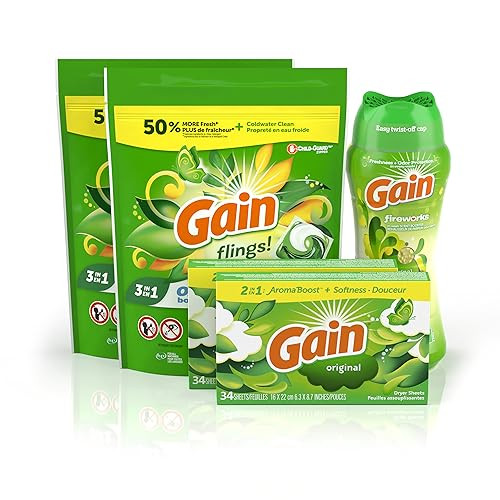 Gain Laundry Bundle: Gain Flings Laundry Detergent Pacs (2x31ct), Gain Dryer Sheets (2x34ct), Gain Fireworks Laundry Scent Booster Beads (12.2 oz) | Amazon (US)