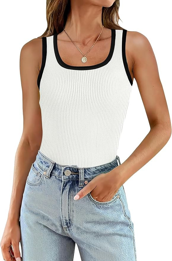 WIHOLL Womens Ribbed Tank Tops 2024 Summer Scoop Neck Slim Fitted Tops Casual Basic Knit Sleevele... | Amazon (US)