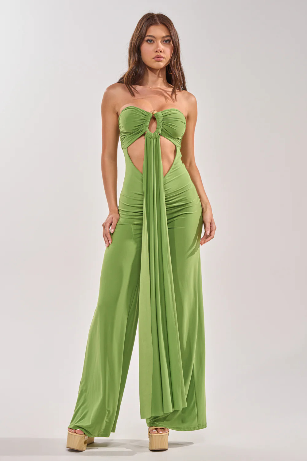 PICK ME UP STRAPLESS JUMPSUIT IN GREEN | AKIRA