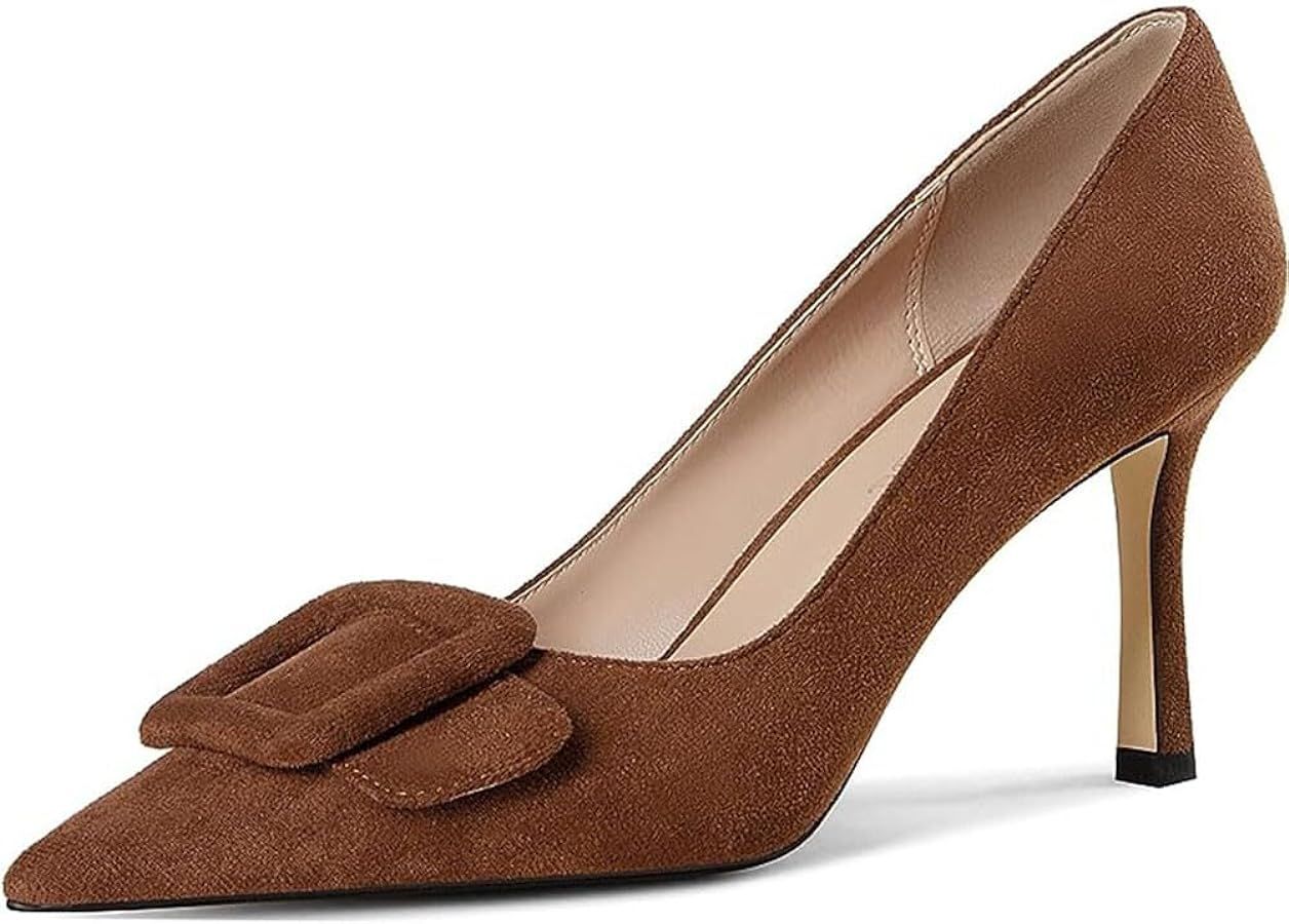 Divanne Pumps Shoes, Women's Stiletto High Heels Buckle Suede Pumps Pointy Toe Slip-On Office Pum... | Amazon (US)