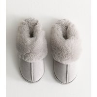 Women's Grey Faux Suede and Faux Fur Trim Slippers Vegan New Look | New Look (UK)