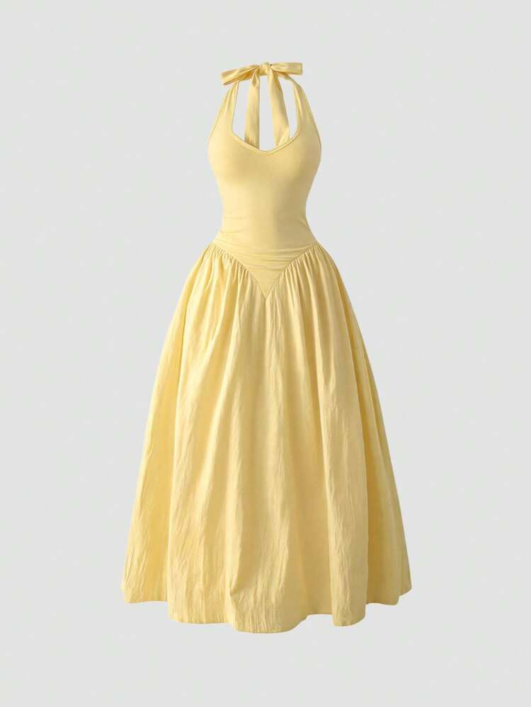 Sweetra French Deep V-Neck Backless Tie Waist Pleated Dress, Sexy | SHEIN