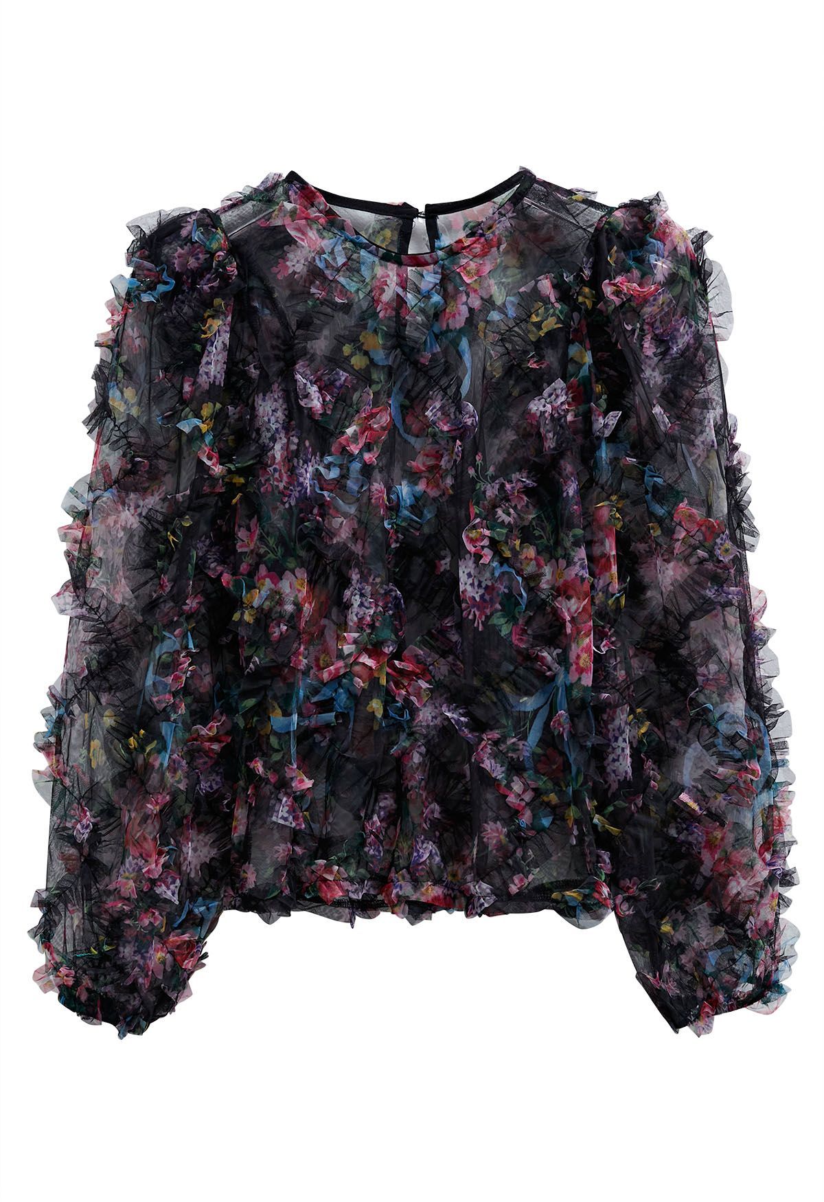 Fairy Dream Floral Ruffle Mesh Top in Black | Chicwish
