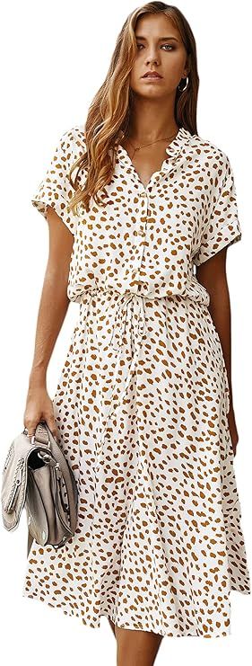 Milumia Women's Button Front Drawstring High Waist Short Sleeve A Line Midi Dress | Amazon (US)