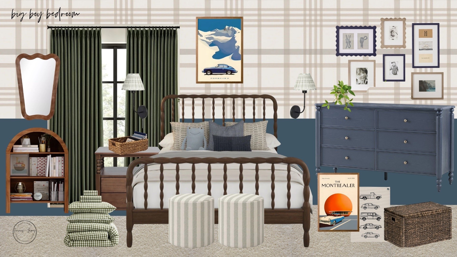 Big boy room, toddler boy room, toddler boy, room for big boy, car room, car art, blue bedroom, vintage furniture, green curtains, little boy room, toddler room

#LTKmomlife #LTKKids #LTKHome