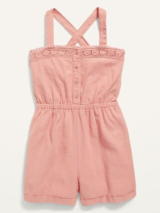 Sleeveless Linen-Blend Button-Front Cross-Back Romper for Girls | Old Navy (US)