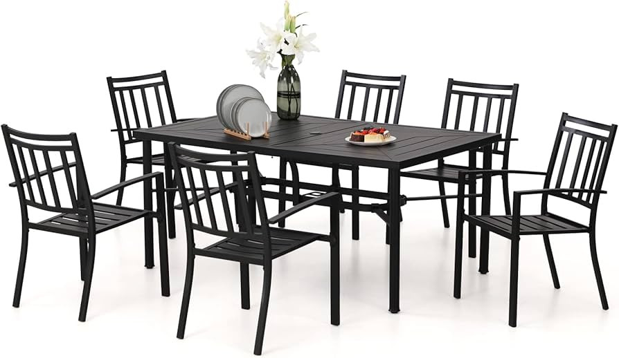 PHI VILLA Patio Furniture Dining Set 7 Pcs,1 Metal Rectangle Dining Table and 6 Patio Bistro Stac... | Amazon (US)