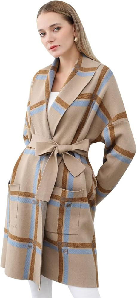 CHICWISH Women's Open Front Drape Long Cardigan Collared Grid Pattern Tie Waist Knit Long Sleeve ... | Amazon (US)