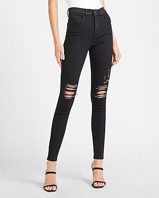 High Waisted Denim Perfect Black Ripped Skinny Jeans | Express