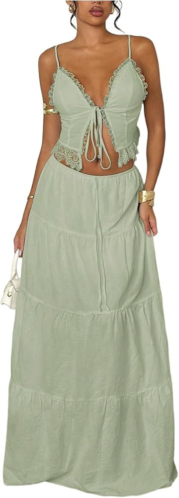 Floerns Women's 2 Piece Outfit Lace Trim Tie Front Camisole Top Tiered Maxi Skirts Set | Amazon (US)