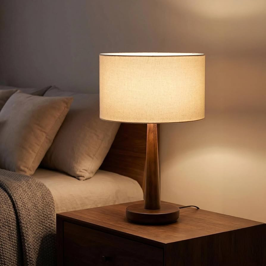 18.3" Modern Dimmable Walnut Wood Table Lamp with Linen Shade, Beige | Amazon (US)
