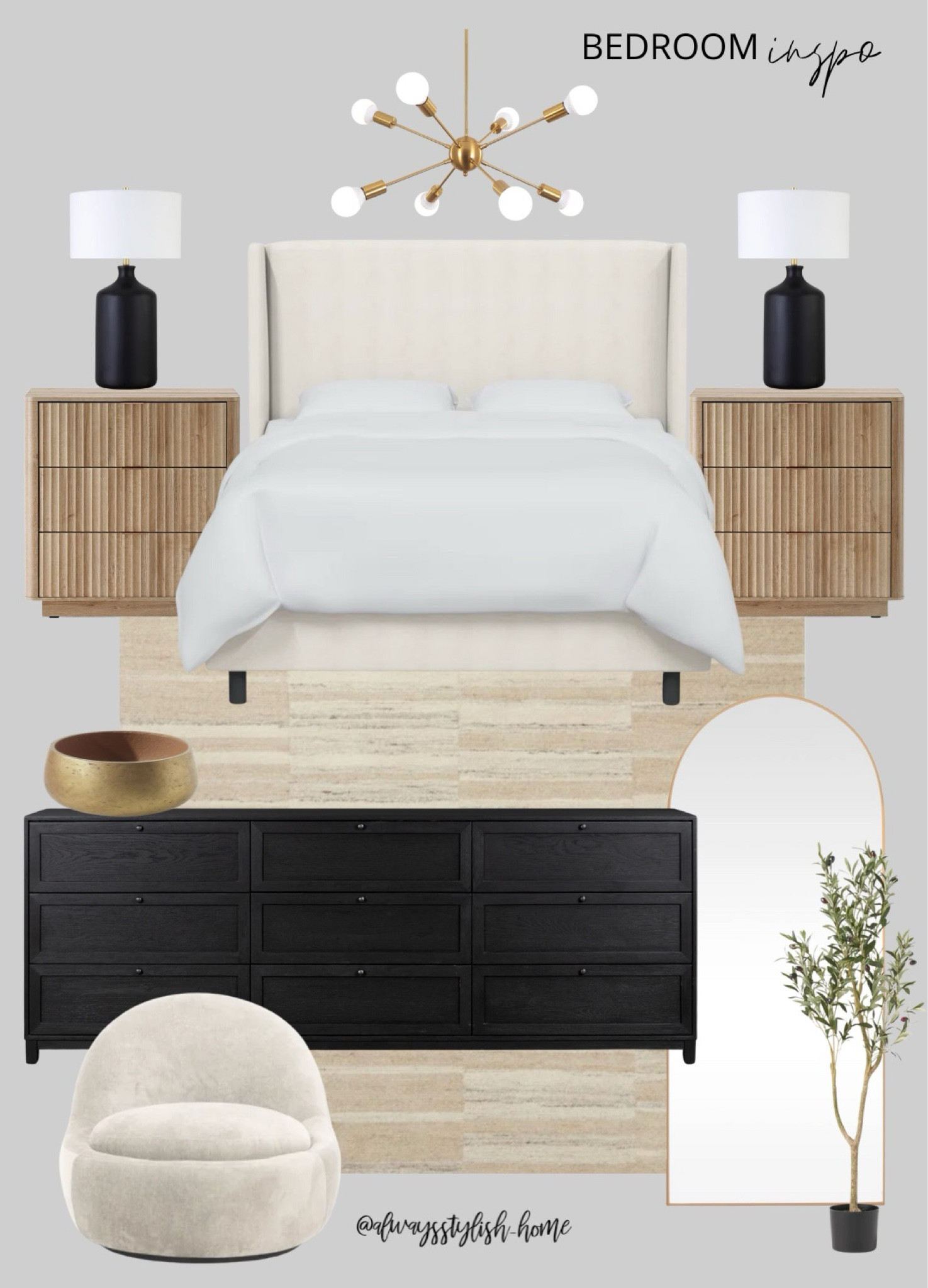 Bedroom inspiration, upholstered bed, fluted wood nightstand, black lamp, black wood dresser, neutral rug, gold arch floor mirror, olive tree, cream swivel accent chair, gold bowl, Sputnik chandelier, primary bedroom decor #LTKMostLoved 

#LTKfindsunder100 #LTKsalealert #LTKhome