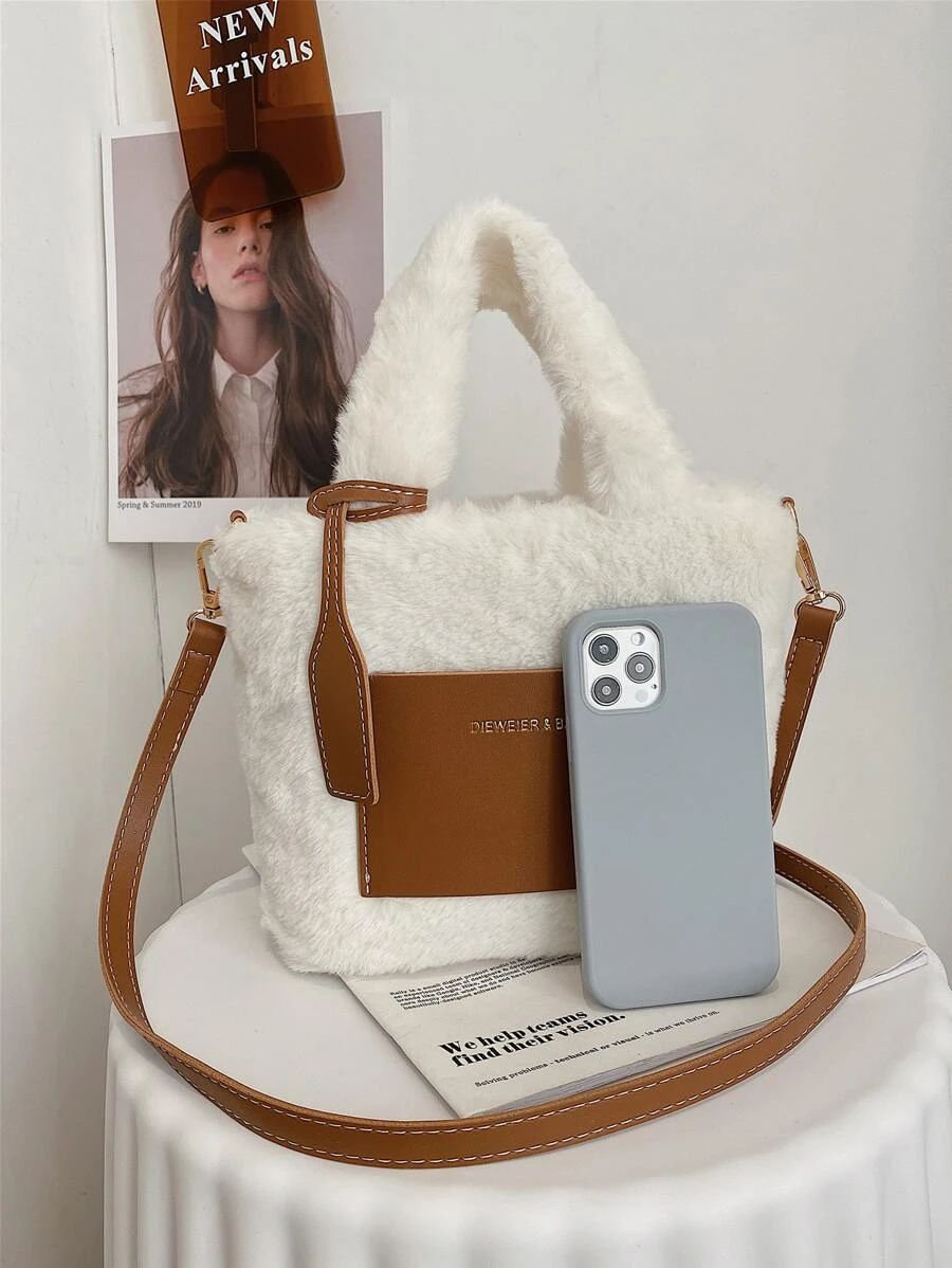 Colorblock Fluffy Bucket Bag | SHEIN