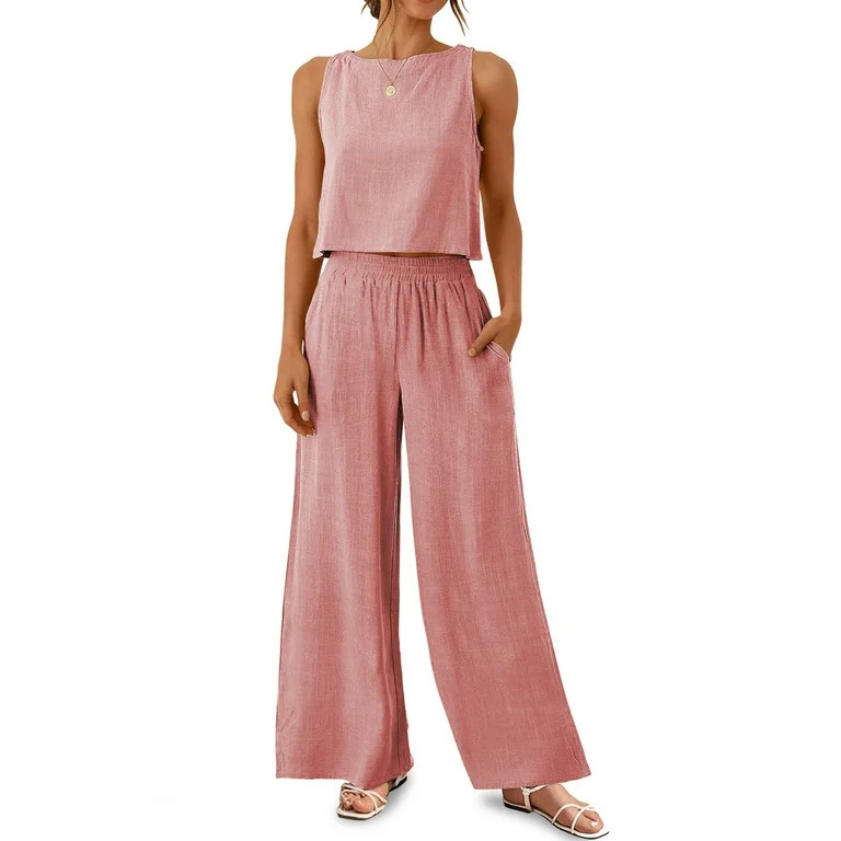 MOSHU Two Piece Lounge Sets for Women Loose Fit Tank Tops and Wide Leg Pants with Pockets Solid S... | Walmart (US)