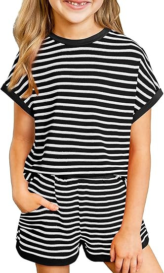 Amazon.com: blibean Tween Girls Summer Clothes Sets Big Kids Striped Short Sleeve Outfits Teen Tr... | Amazon (US)