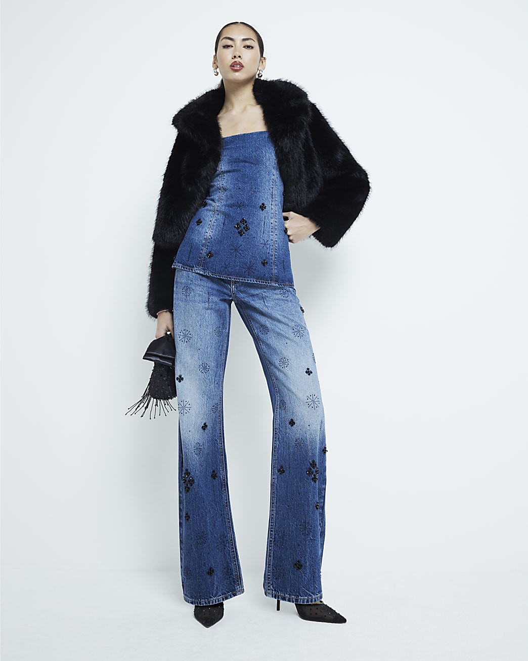 Blue Denim Relaxed Straight Embellished Jeans | River Island UK & IE
