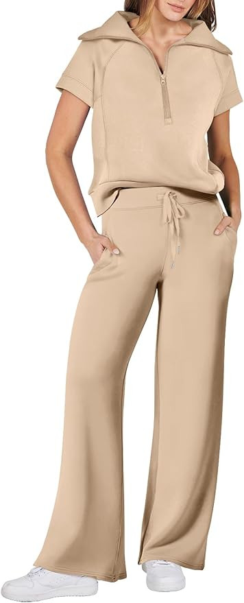 ANRABESS Women 2 Piece Outfits Sweatsuit Summer Half Zip Sweatshirt Wide Leg Pant Sweat Lounge Se... | Amazon (US)