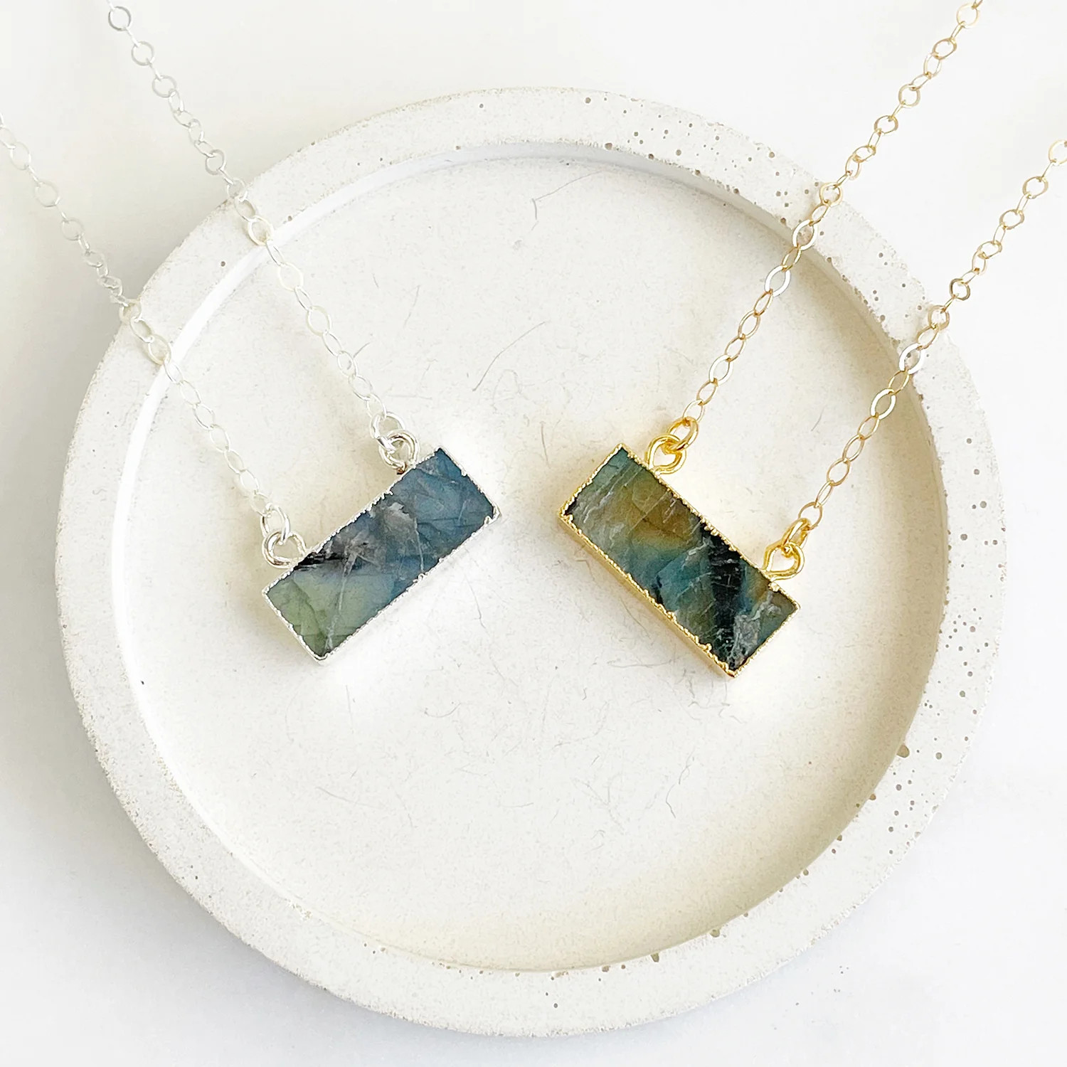 Dainty Labradorite Bar Necklace in Gold and Silver | Rustic Gem Jewelry