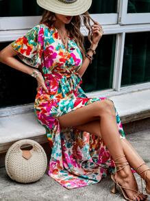 Floral Print Butterfly Sleeve Split Thigh Belted Dress SKU: sw2204263935380703(100+ Reviews)$13.9... | SHEIN