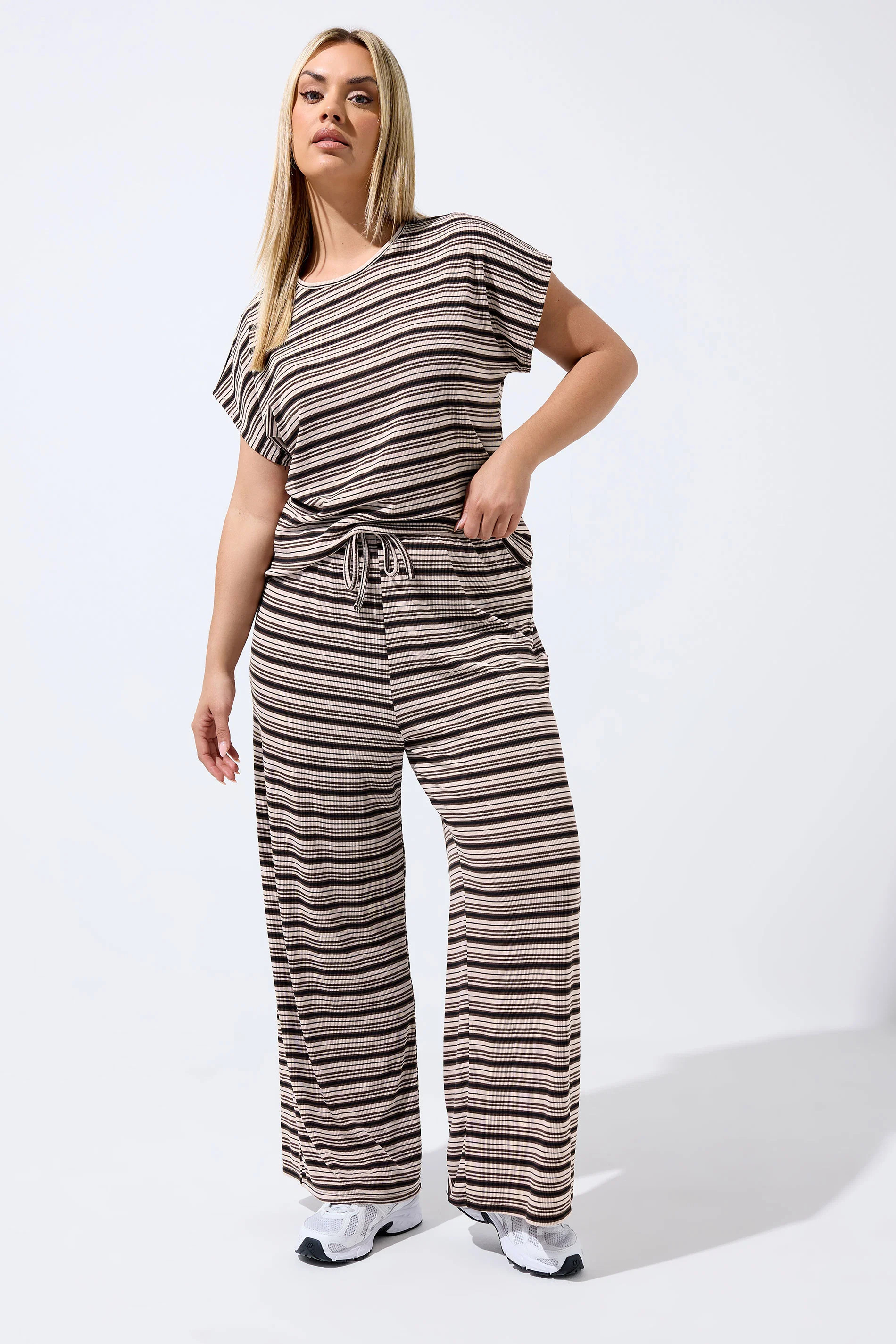 LIMITED COLLECITON Plus Size Brown Stripe Ribbed Wide Leg Trousers | Yours Clothing UK