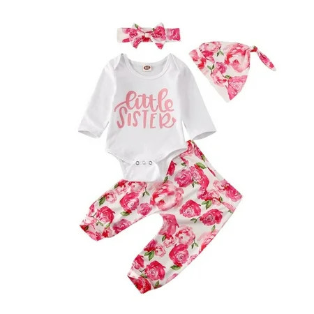 Little Sisters Outfits Infant Baby Girl Long Sleeve Romper Bodysuits Pants Hat Clothes Set | Walmart (US)