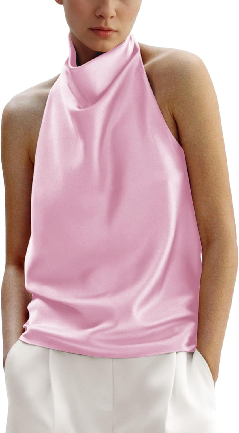 Women's Silk Satin Tank Tops Halter Draped Front Sexy Backless Womens Summer Tops Elegant Camisole Tops | Amazon (US)