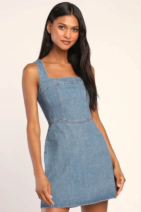 So Delighted Medium Wash Denim Corset Seam Mini Dress | Lulus