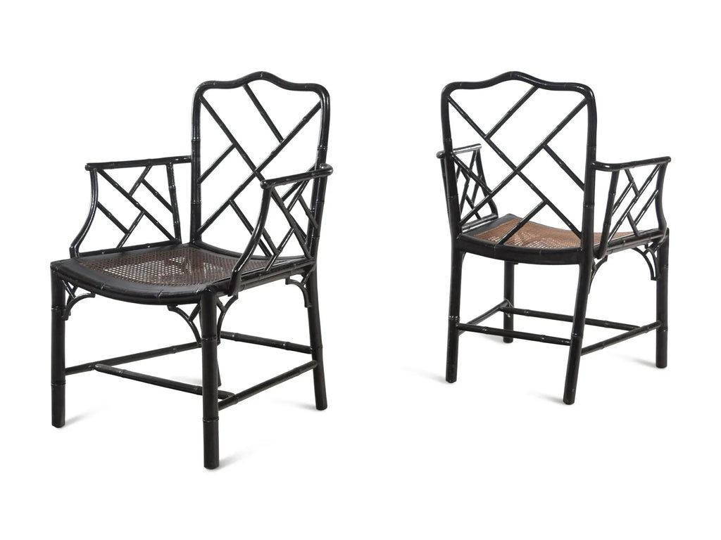 Vintage Black Painted Bamboo Chippendale Chinoiserie Armchairs, Pair | Paloma & Co.