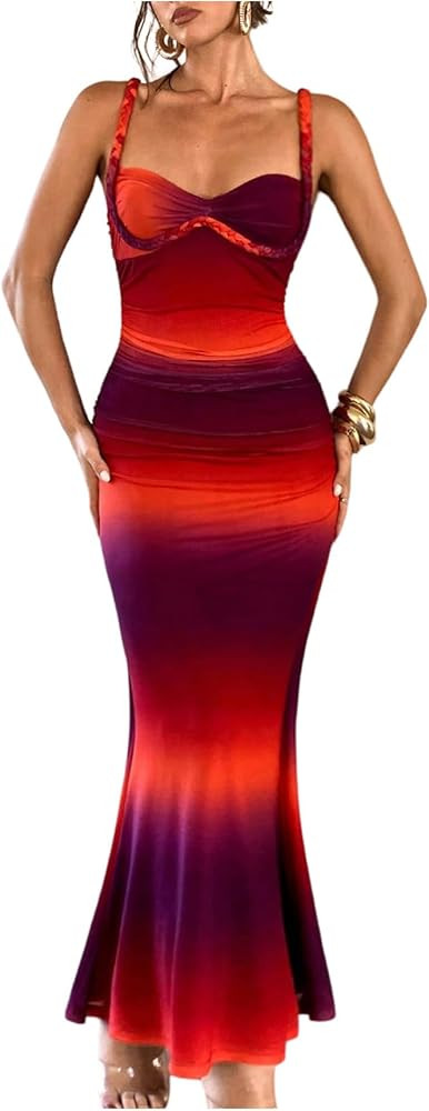 Milumia Women's Tie Dye Print Bodycon Mesh Maxi Dress Braided Spaghetti Strap Cocktail Party Dres... | Amazon (US)