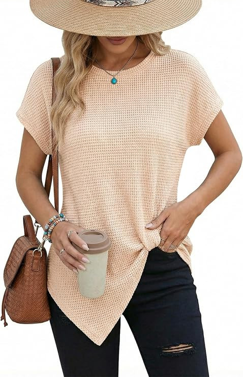 Dokotoo Womens Summer Tops 2026 Crewneck Waffle Knit Cap Sleeve Shirts Casual Loose Twist Knot Tu... | Amazon (US)
