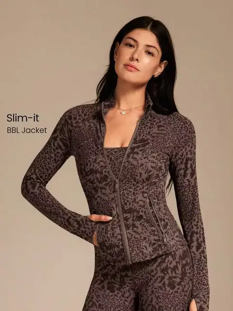 GLOWMODE FeatherFit™ Leopard Slim-It Streamline Performance Secure Pockets Zip Up Long Sleev...