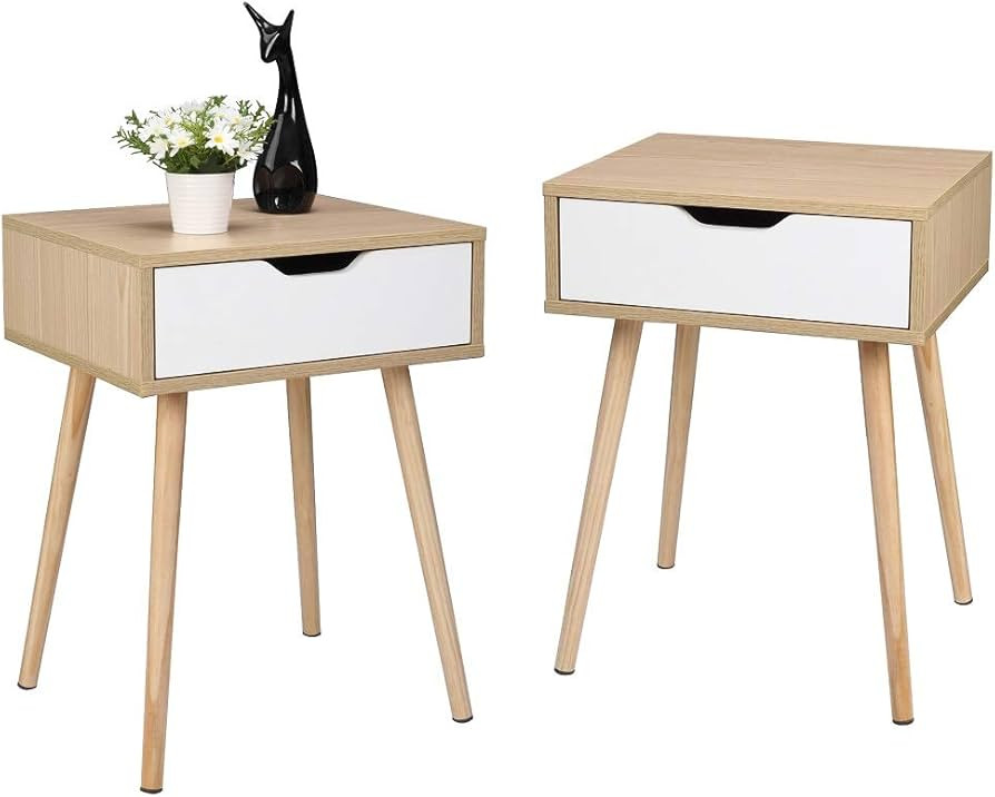 Bonnlo Wood&White Nightstands Set of 2 End Side Table with Spacious Drawer & Solid Wood Legs for ... | Amazon (US)