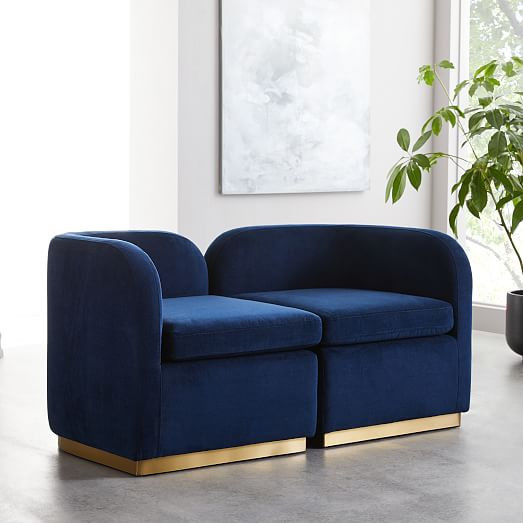 Roar + Rabbit Tete-a-Tete Chair, Distressed Velvet, Ink Blue, Antique Brass | West Elm (US)
