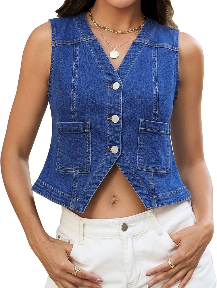 Eddoyee Stretchy Cropped Denim Vest Women Western Jean Vest Tops Concert Outfits Cowgirl Summer F... | Amazon (US)