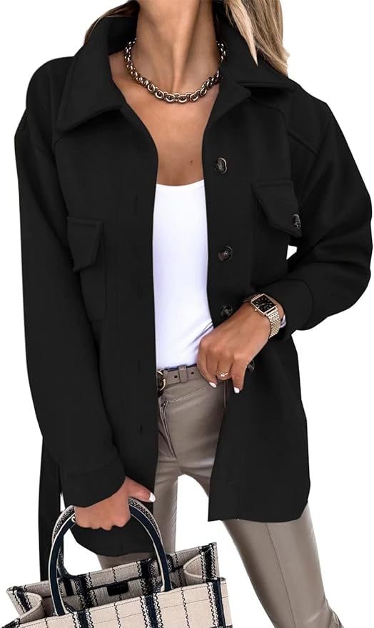FARYSAYS Womens Shacket Jackets Long Sleeve Button Down Shirts Trench Pea Coat | Amazon (US)