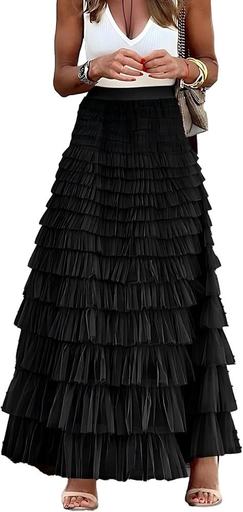 Womens Long Tulle Skirt A Line Ruffle Tiered Layered Skirts High Waisted Flowy Fairy Maxi Skirts | Amazon (US)